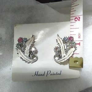 Vintage Clip Earrings Hand Painted Enamel